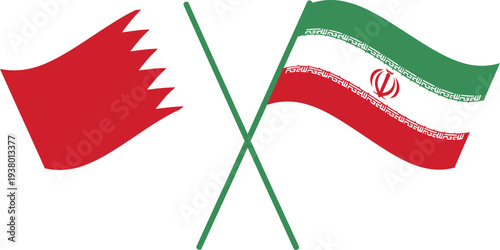 Minimal vector illustration of Bahrain and Iran national flags crossing on poles against a light background, symbolizing diplomatic relations, geopolitical connection, or international dialogue.