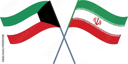 Illustration of Kuwait and Iran national flags crossed like diplomatic banners against a neutral background, symbolizing political relations, regional diplomacy, and geopolitical interaction in the Mi