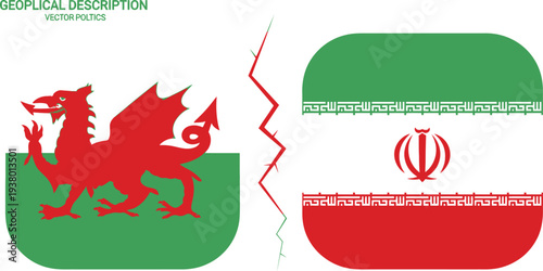 Split illustration showing geopolitical tension between Wales and Iran, with the Welsh red dragon flag on the left and the Iranian flag on the right, separated by a cracked divide symbolizing politica