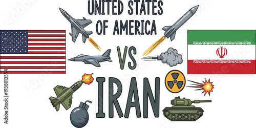 United States versus Iran military conflict illustration with weapons icons