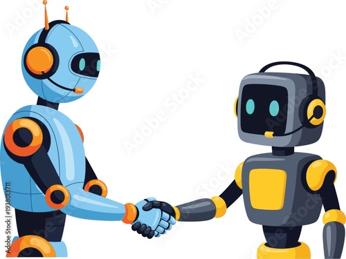 Two robots shaking hands in a friendly gesture