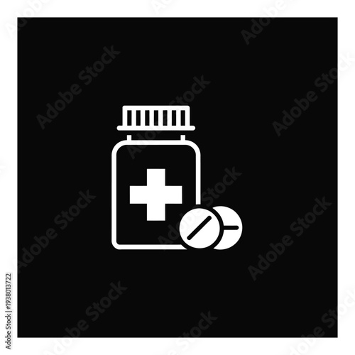 Pharmaceutical bottle with medical cross next to two pills symbolizing health care treatments