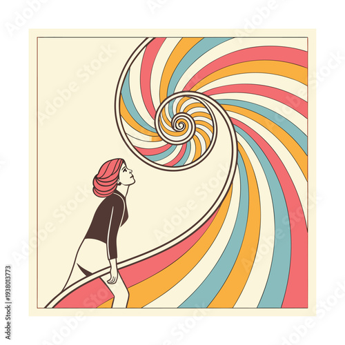 Vector illustration of woman looking at colorful swirl