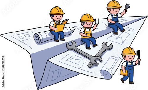 Four construction workers in hard hats standing on large blueprint with tools