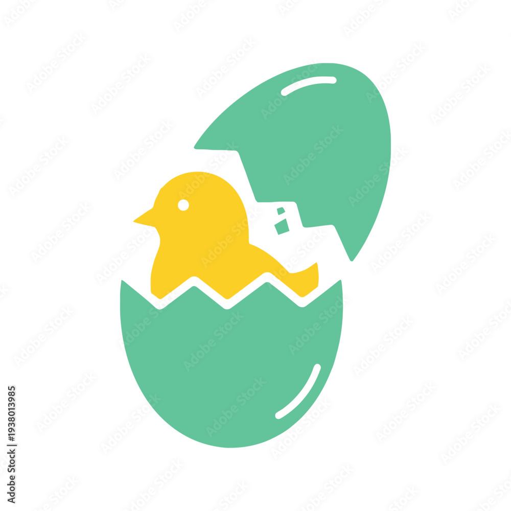 Fototapeta premium Easter sunday icon cute yellow chick hatching from green eggshell