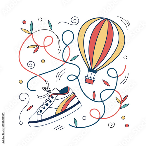 Vector illustration of sneaker and hot air balloon with colorful swirls