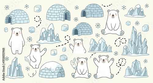 Cute polar bears and igloos in a whimsical arctic landscape with ice formations and snowflakes perfect for children's illustrations and winter themes