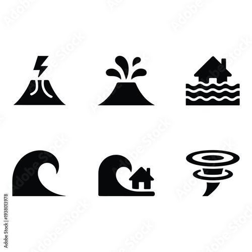 Set of natural disaster icons including volcano, flood, wave, and tornado symbols