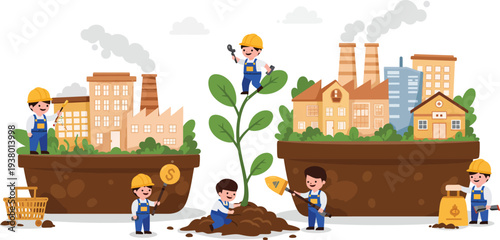 Workers nurturing a plant growing out of soil with cityscape and industrial background