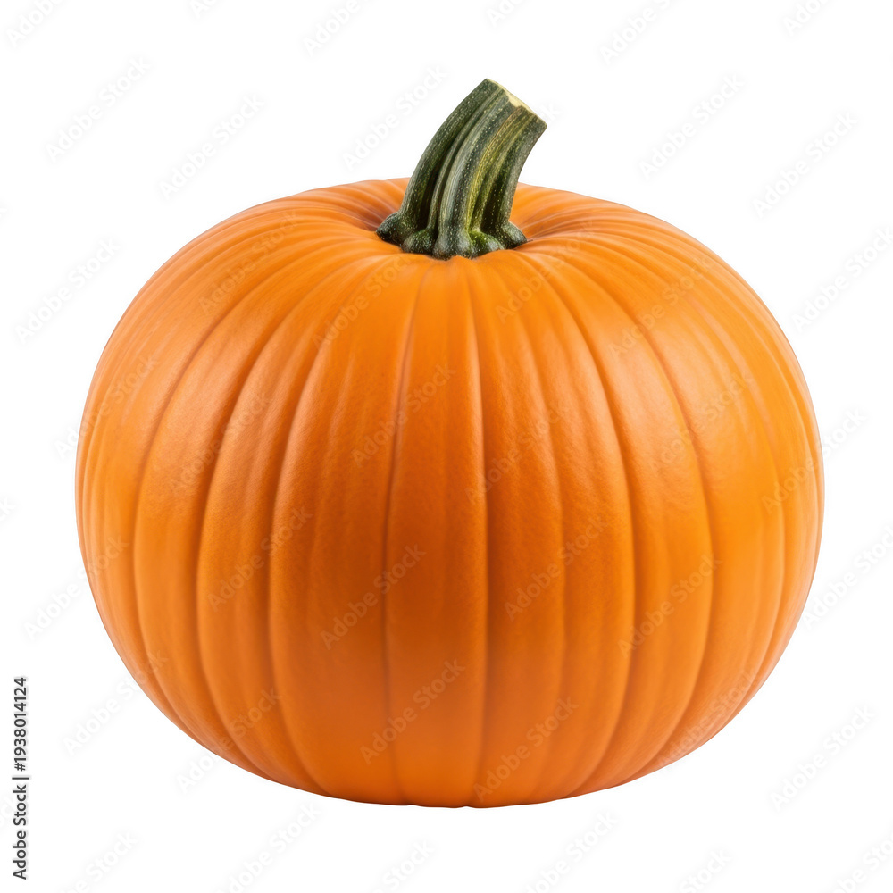 Obraz premium A vibrant orange pumpkin with a green stem sitting on a white background