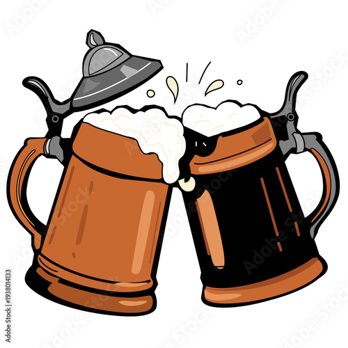 Traditional Bavarian Ceramic Beer Steins - Authentic Oktoberfest Festival Vector. Two traditional ceramic beer steins clinking in a toast. Features rich golden beer with a massive