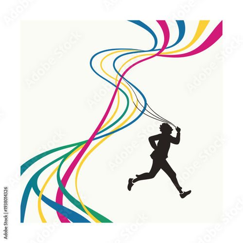 Vector illustration of a running woman with colorful abstract lines