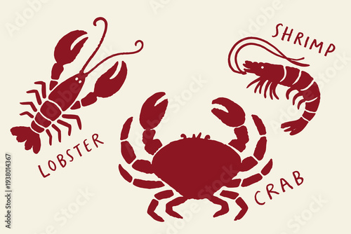 Lobster crab shrimp sea animals naive silhouette vector illustration
