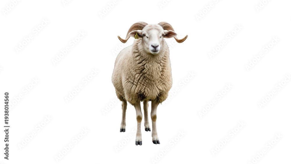 Fototapeta premium A sheep with curly horns and fluffy wool isolated on transparent background standing alone