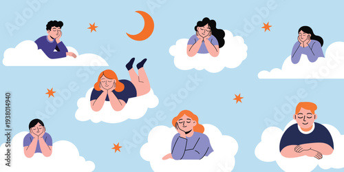 Dreaming people floating on clouds imagination hope and daydream concept flat vector illustration