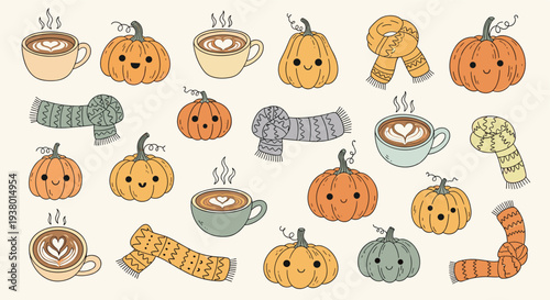 Cute cartoon pumpkins and cozy autumn coffee cups with steaming latte art and warm knitted scarves arranged on a light background