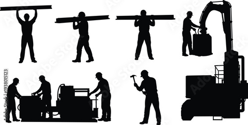 Black silhouette icons of construction workers lifting beams using machinery and tools for industrial building site and cad drawing flat vector illustration