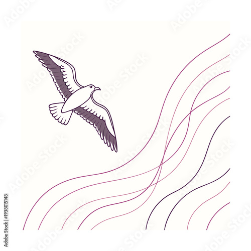 Vector illustration of flying seagull with wavy lines