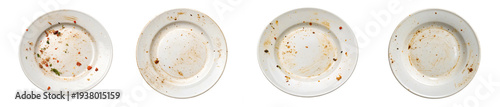Foto collection of dirty white plates with leftover food remnants and greasy stains, photographed from above after a meal