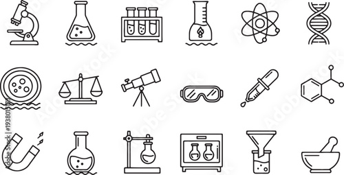 line icons of various science laboratory equipment and tools