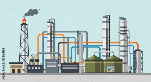 Detailed Illustration of an Industrial Oil Refinery with Towers and Pipes.
