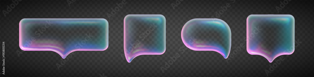 Obraz premium Holographic glass speech bubbles set isolated on transparent background. Vector realistic illustration of 3D transparent chat message clouds with neon glow, glass morphism y2k conversation icons