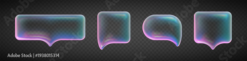 Holographic glass speech bubbles set isolated on transparent background. Vector realistic illustration of 3D transparent chat message clouds with neon glow, glass morphism y2k conversation icons