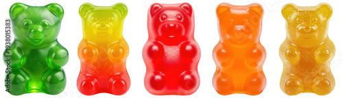 Foto collection of colorful gummy bears in various vibrant hues including green, yellow, red, and orange, on a transparent background