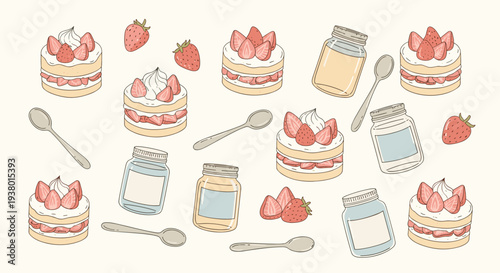 Hand drawn illustration of delicious strawberry cakes and jars filled with jam and spoons on a cream background