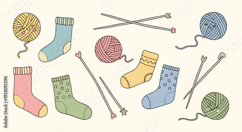 Hand drawn illustration of knitting supplies including yarn balls socks and knitting needles on a light background