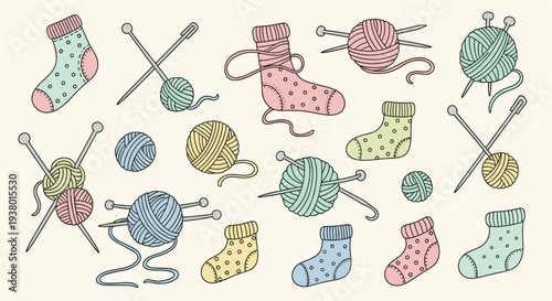 Charming Hand Drawn Collection of Cozy Socks and Balls of Yarn with Knitting Needles on a Light Background