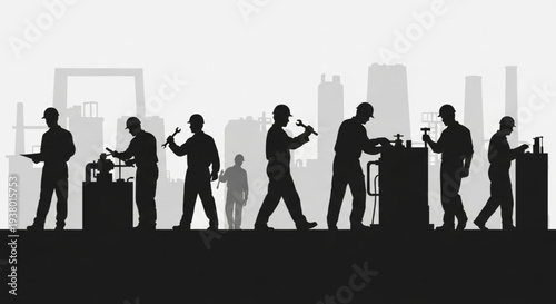 Silhouette of Workers in an Industrial Setting with Tools.