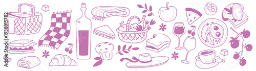 Hand-drawn pink picnic sketch items set isolated on white background. Vector illustration of wine bottle and glass, food basket, sandwich and muffin, fruit and vegetables for summer breakfast in park