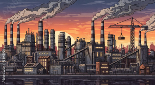 Industrial Complex Pixel Art - A Detailed Depiction of Factories and Chimneys.