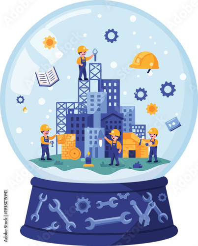 Vibrant snow globe scene with yellow flowers and blue castle