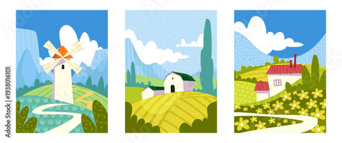 Geometric farm scene posters set. Vector illustration of colorful countryside patterns with windmill on hill, barn in green field, house in garden with flowers, beautiful rural landscape designs