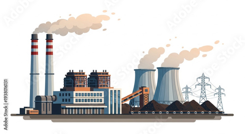 Illustration of a coal power plant with smoke stacks and cooling towers.