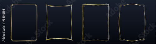 Elegant gold thin line frames realistic vector isolated on black background. Luxury golden border, art deco design, premium labels, vintage decorations, or modern ornamental elements