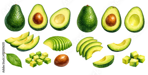 A charming watercolor collection of avocado fruits with slices and cubes for healthy food illustrations and culinary design.