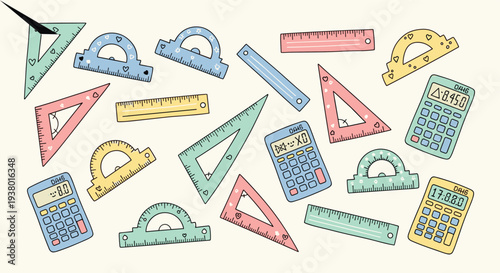 Colorful collection of school supplies and math tools including rulers protractors and calculators on a light background