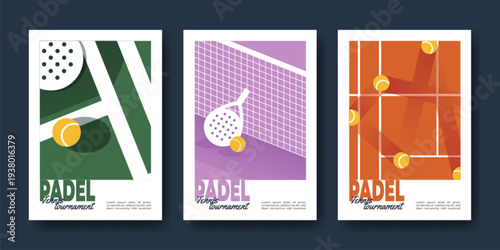 Padel tournament posters. Set of vector illustrations with court, rackets and ball, modern sport match flat banner design. Paddle tennis event flyers and competition templates