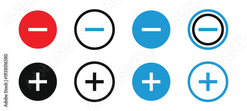 Set of flat  plus sign and minus sign icons, buttons isolated on a white background. vector illustration