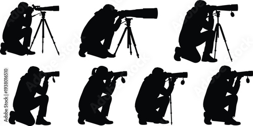 Black silhouette icons of professional photographers using cameras with telephoto lenses on tripods for wildlife photography and cad drawing flat vector illustration