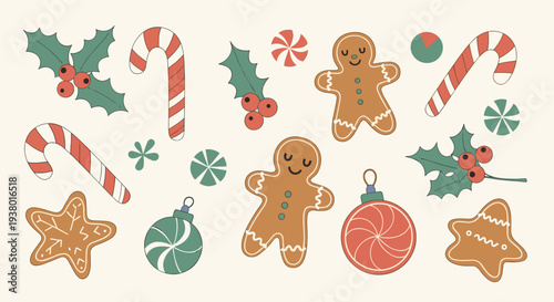 Festive collection of christmas gingerbread cookies candy canes holly berries and ornaments on a light background