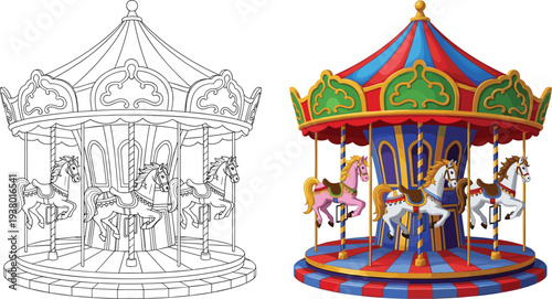 Carousel Merry Go Round Amusement Ride with Horses Vector Illustration Set Featuring Outline Coloring Page and Colorful Carnival Attraction Design
