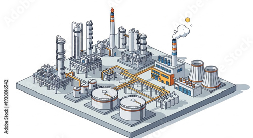 Industrial Chemical Plant with Storage Tanks and Cooling Towers.