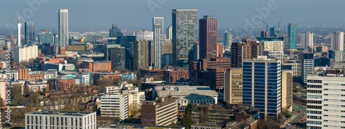 Aerial panoramic view of Birmingham city centre skyscrapers and modern skyline.