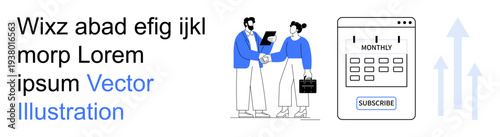 Business growth, digital tools, subscription services, financial management, online transactions, teamwork. Two people shaking hands with a subscription form. Business growth and digital tools