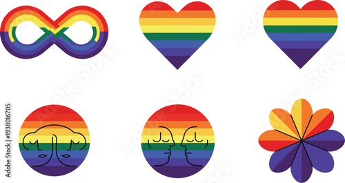 Rainbow colored lgbt pride symbols including hearts and flowers