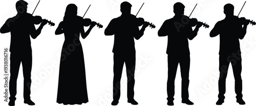 Black silhouette icons of professional violinists playing musical instruments for orchestral performance concert entertainment and cad drawing flat vector illustration